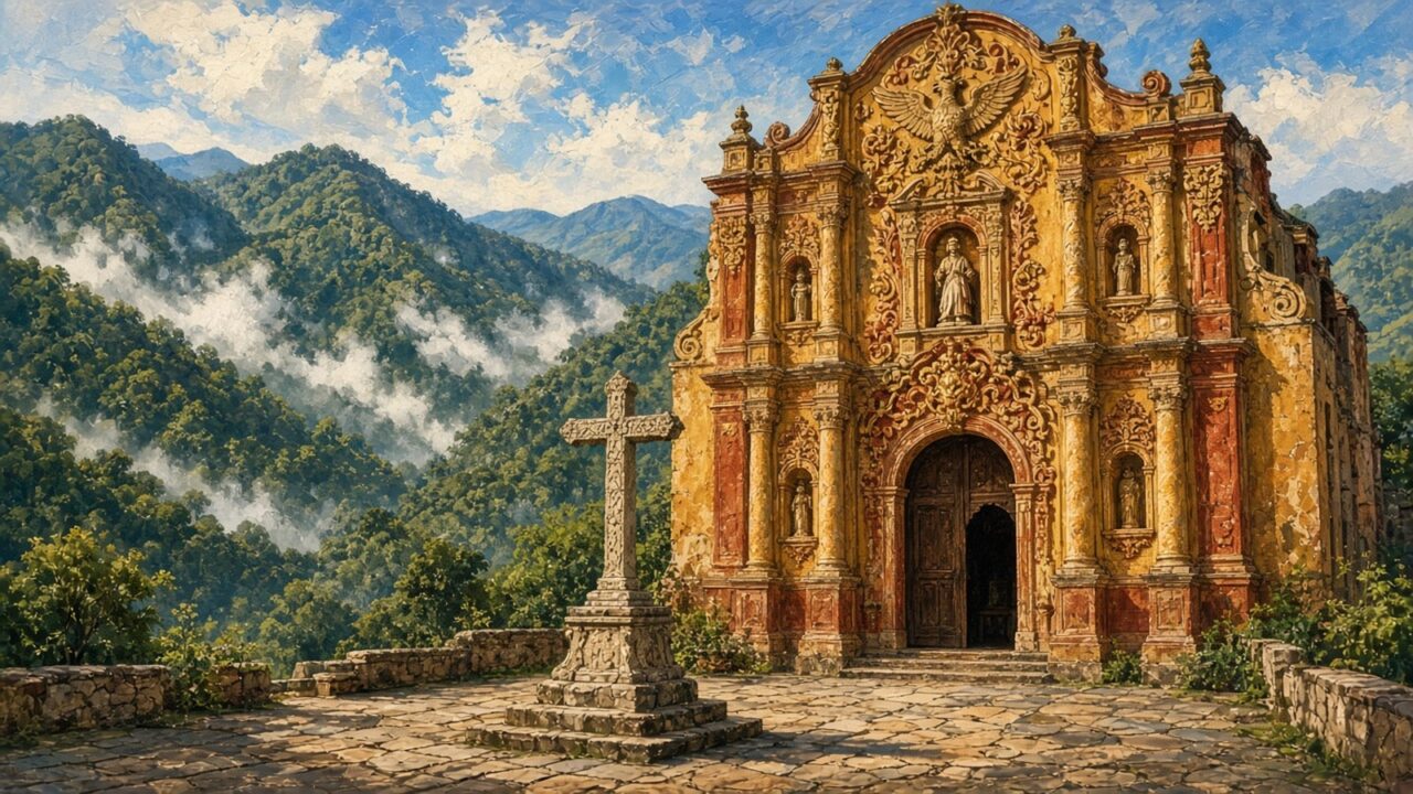 Ilustración de la fachada barroca de una misión franciscana de la Sierra Gorda en tonos ocre y amarillo, con relieves de flores y columnas, un atrio empedrado con cruz y montañas verdes cubiertas de neblina al fondo