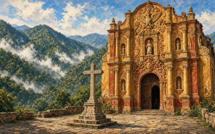 Ilustración de la fachada barroca de una misión franciscana de la Sierra Gorda en tonos ocre y amarillo, con relieves de flores y columnas, un atrio empedrado con cruz y montañas verdes cubiertas de neblina al fondo