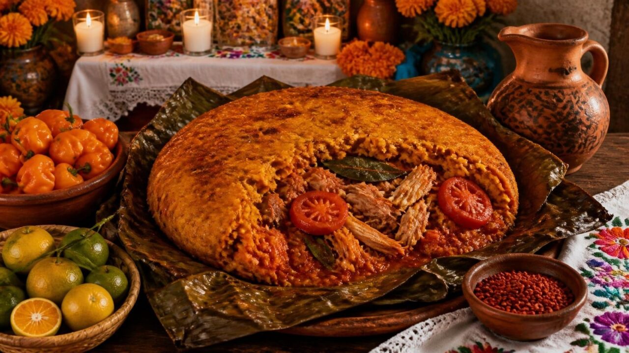 Ilustración de un mucbipollo redondo con costra dorada de achiote sobre hojas de plátano, abierto para mostrar pollo, cerdo, tomate y epazote, rodeado de chiles habaneros, naranjas agrias, semillas de achiote, velas y flores de cempasúchil