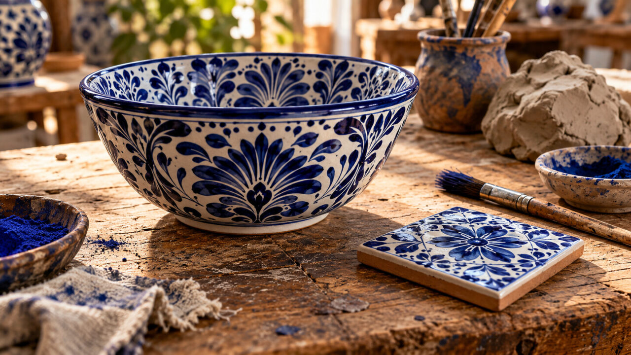 Escena ilustrativa hiperrealista de cerámica azul y blanca inspirada en la Talavera sobre una mesa de trabajo.