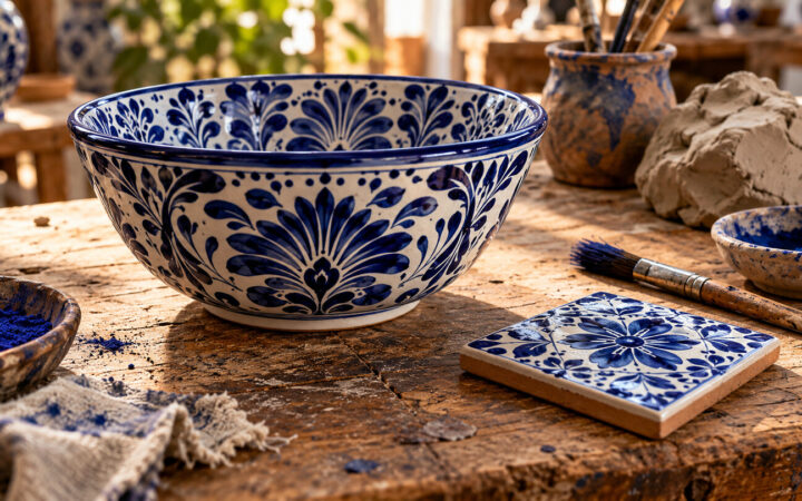 Escena ilustrativa hiperrealista de cerámica azul y blanca inspirada en la Talavera sobre una mesa de trabajo.