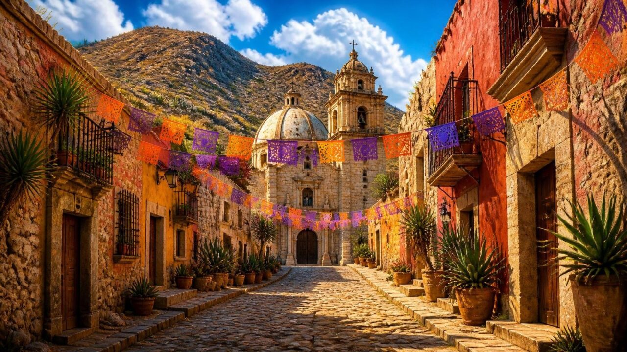 Ilustración de una calle empedrada de Real de Catorce con fachadas de piedra y adobe, balcones de herrería, papel picado naranja y morado, magueyes en macetas y la parroquia de cúpula y torre al fondo bajo montañas áridas