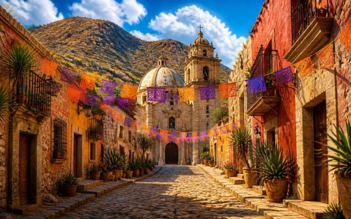 Ilustración de una calle empedrada de Real de Catorce con fachadas de piedra y adobe, balcones de herrería, papel picado naranja y morado, magueyes en macetas y la parroquia de cúpula y torre al fondo bajo montañas áridas
