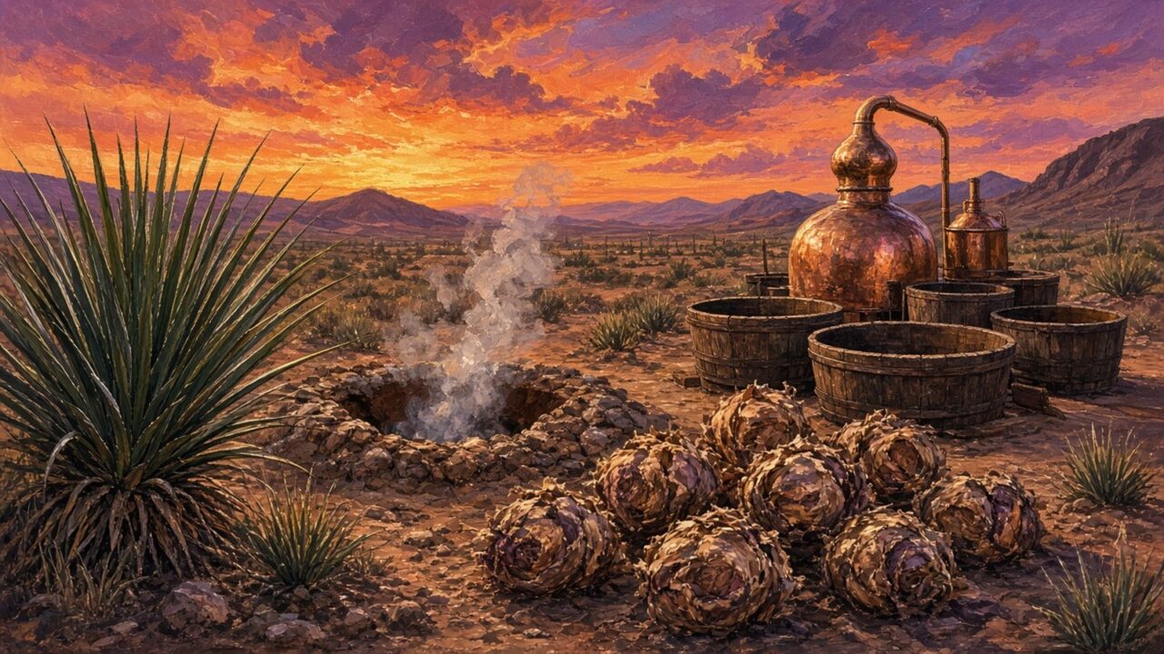 Ilustración de una vinata en el desierto chihuahuense con plantas de sotol de hojas largas y espinosas, cabezas de sotol apiladas junto a un horno de tierra humeante y un alambique de cobre bajo un cielo naranja