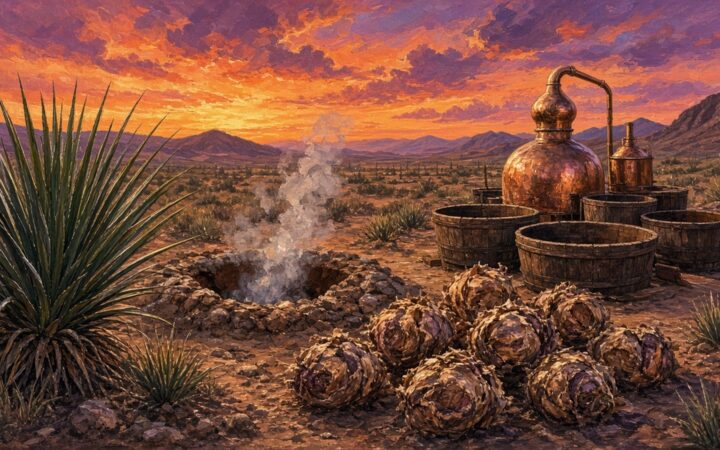 Ilustración de una vinata en el desierto chihuahuense con plantas de sotol de hojas largas y espinosas, cabezas de sotol apiladas junto a un horno de tierra humeante y un alambique de cobre bajo un cielo naranja
